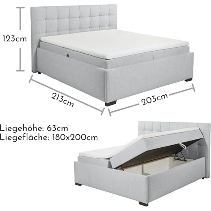 Stella Trading ARTOS 6 Boxbett 180x200 mit Bettkasten, Silber - Bequemes Doppelbett mit Kaltschaum Topper - 203 x 123 x 213 cm (B/H/T), (56-U22-89x) – Bild 3