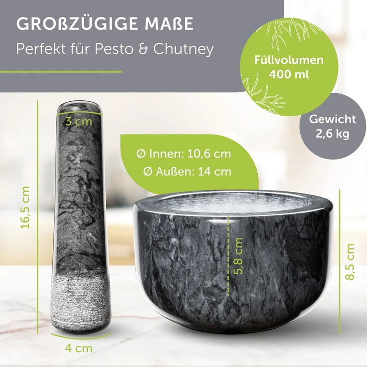 madeco Mörser mit Stößel Marmor Ø 14 cm - Perfekt geeignet für Gewürze, Kräuter & Nüsse - Steinmörser Set mit praktischem Antirutsch-Pad - Design Marmor Mörser & Stößel groß – Bild 4