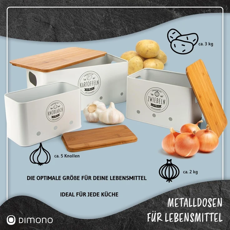 Dimono Aufbewahrungsbox Dimono 3er Vorratsbox Set–Gemüseaufbewahrung für Kartoffeln & Zwiebel (Frischhaltedose, Lebensmittel-Box), Ideal für Zwiebeln, Kartoffeln & Knoblauch – Bild 2
