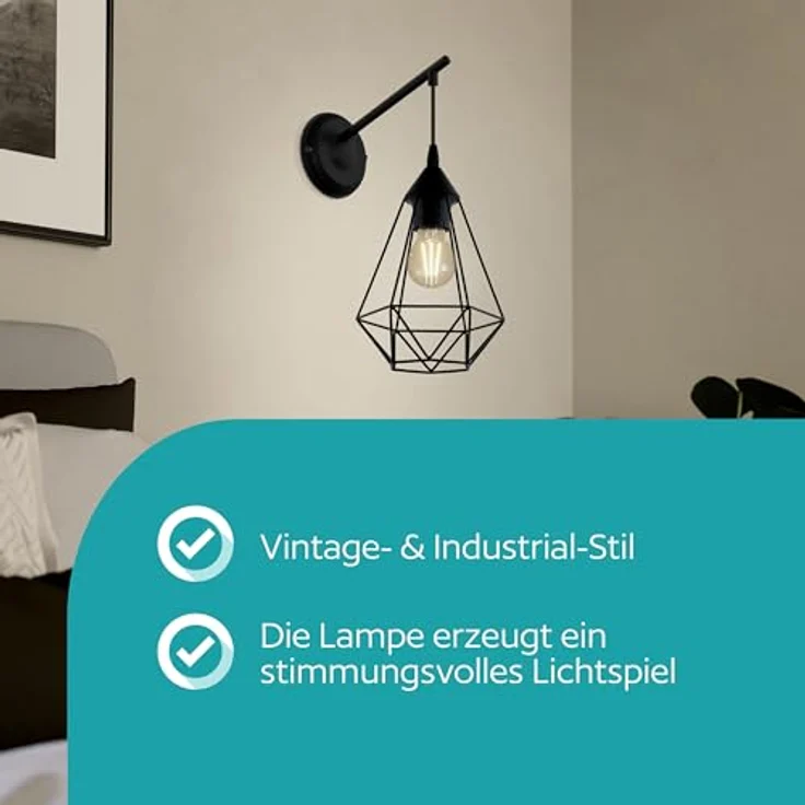 Eglo 49081 Wandleuchte TARBES E27 1X40W Stahl schwarz L:15,5cm H:37,5cm dimmbar – Bild 4