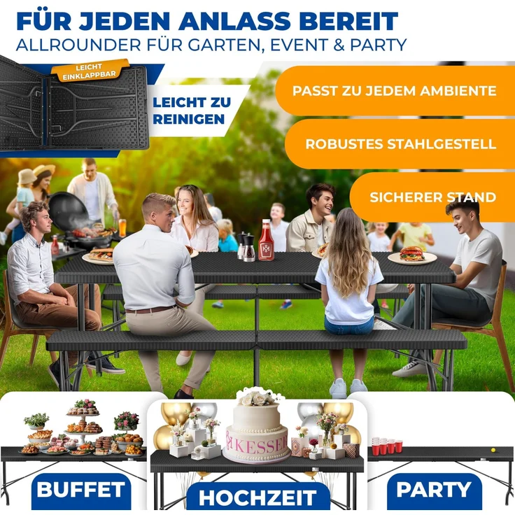 KESSER® Buffettisch Tisch klappbar Kunststoff 183x76 cm Rattan Optik Campingtisch Partytisch Klapptisch Gartentisch für Garten Terrasse und Balkon zusammenklappbar 6 Personen ink. Tragegriff Schwarz – Bild 3