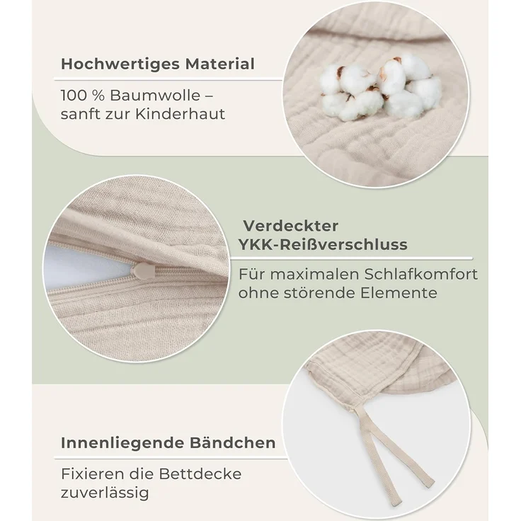 Laynenburg Kinderbettwäsche Musselin 2 teilig aus 100% Baumwolle in 100x135 cm + 40x60 cm, atmungsaktiv & bügelfrei – 3 lagig mit Reißverschluss & Haltebändern – Bild 5