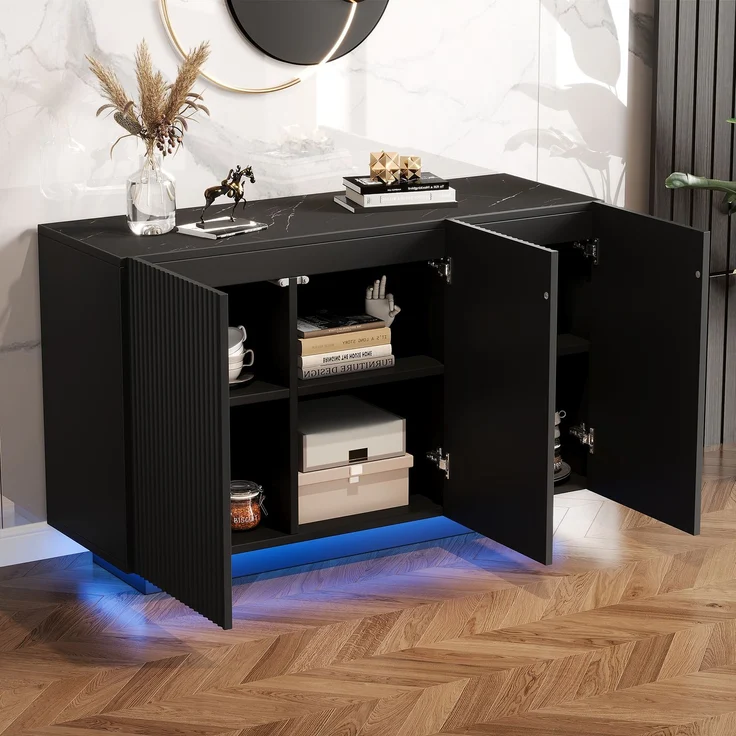 Merax LED Kommode Modern Design Sideboard mit Beleuchtung Schwarz Wohnzimmerschrank Bluetooth Steuerung Vertikale Streifen Anrichte 120cm Aufbewahrungsschrank – Bild 6