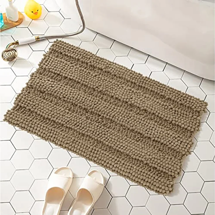 SUBRTEX Badezimmerteppich, Chenille, weich, rutschfest, gestreift, Plüsch-Badvorleger, Teppiche für Badezimmer, wasserabsorbierend, schnell trocknend, maschinenwaschbar (Sandfarben, 40,6x61 cm) – Bild 3