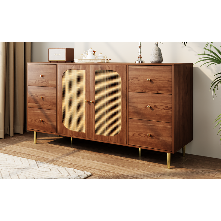 Sideboard Holzoptik, 160x40x90 cm mit Rattantüren & 6 Schubladen – Bild 3