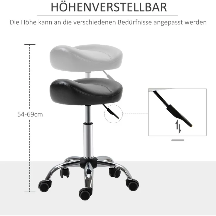 Rollhocker 48 x 48 x 54-69 cm – höhenverstellbarer Sattelsitz aus Kunstleder mit Rollen – Bild 4