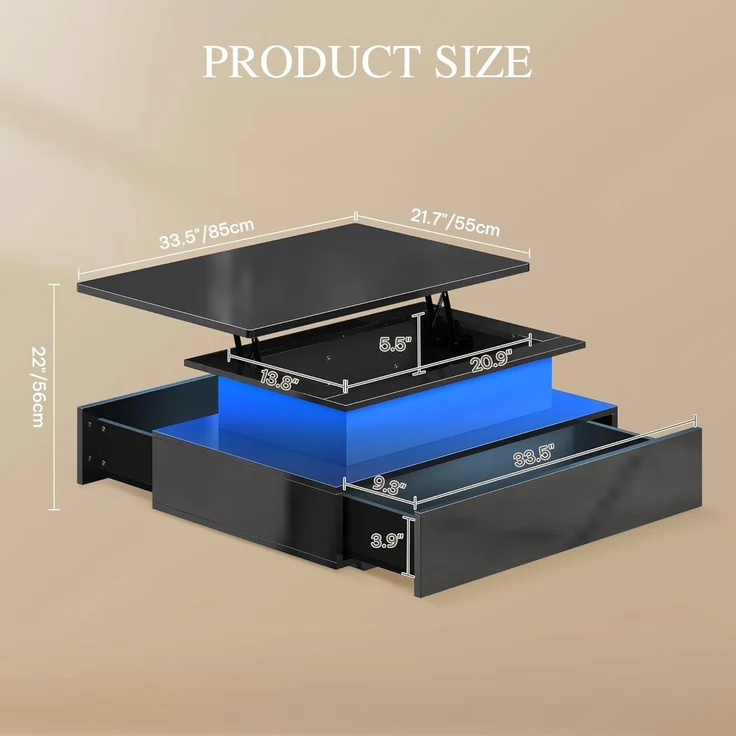 YITAHOME Couchtisch Höhenverstellbar, Wohnzimmertisch Hochglanz mit Hebeplatte,Couch Tisch Wohnzimmer mit 16-Farbiger LED Modern and 2 Schubladen – Bild 2