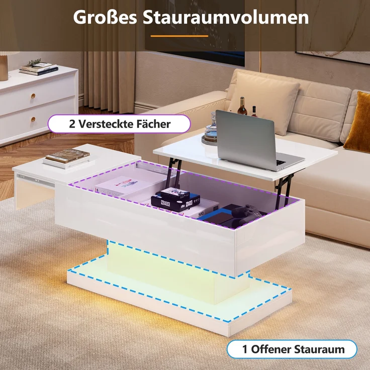Couchtisch, mit hydraulischem Lift, schiebbarer Platte & LED-Beleuchtung, 100x50x45 cm, Weiß – Bild 7