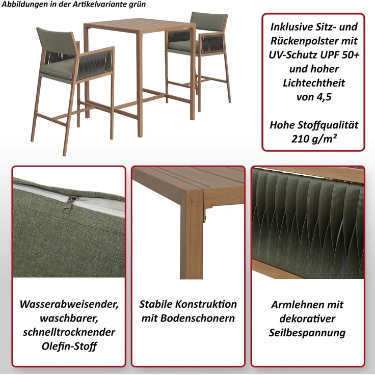 Set Bartisch + 2x Barhocker HWC-Q12, Barstuhl Stehtisch, Polyrattan Olefin (210 g/m²) ~ grün – Bild 2