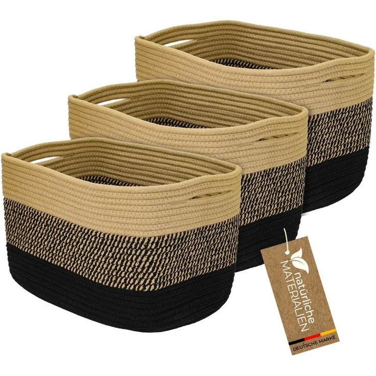HMF Aufbewahrungskorb Aufbewahrungskorb mit versteckten Griffen, für Kallax Regal geeignet (Set, 3er), Korb handgenäht aus Baumwolle, 37,5 x 25 x 22,5 cm, Schwarz-Honig – Bild 1