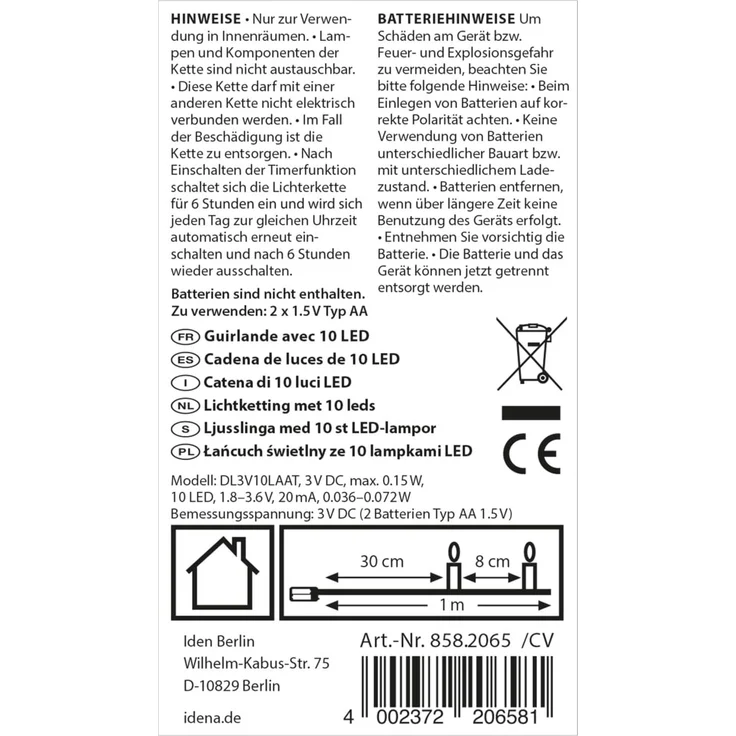 Idena LED Lichterkette 10 LED warmweiß 6h Timer 1m Innen – Bild 2