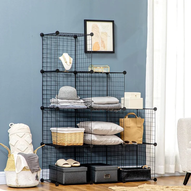 HOMCOM Steckregal Steckregal aus Stahldraht, DIY Würfelregal, 9 Fächer, Schuhregal 9-tlg, Schwarz, 35 x 35 x 35 cm je Würfel – Bild 2