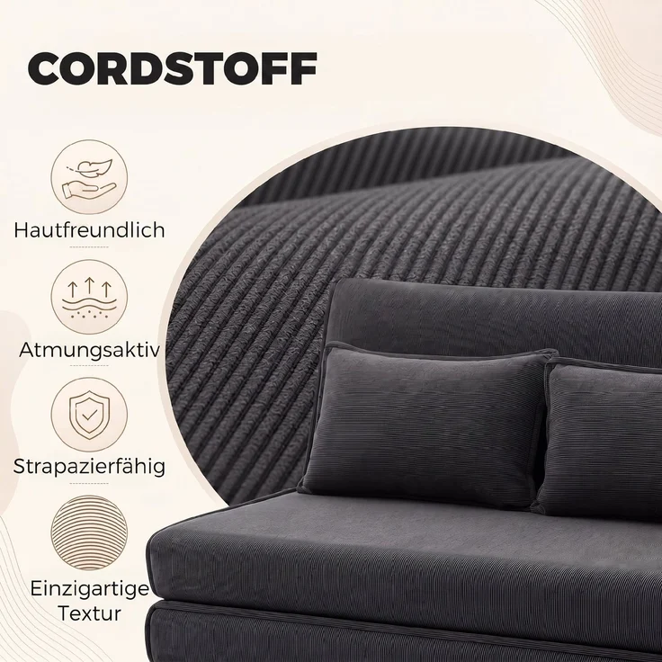 Bodenstuhl mit Rückenlehne, Cord-Klappsofa als Gästebett, verstellbare Rückenlehne, breiterer Sitz, Dunkelgrau--Dunkelgrau--135x88x74cm--YOUDENOVA – Bild 9