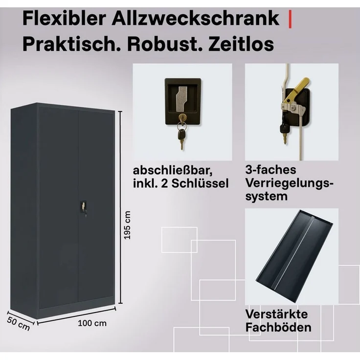 LagerZwei Aktenschrank Stahlschrank 195x100x50 cm (1-St) 3-fach verriegelt, 4 Böden, bis 60 Ordner, Flügeltüren 130° – Bild 3
