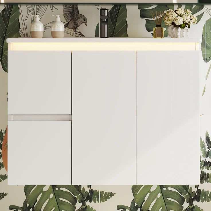 Waschtischunterschrank 76x47x57 cm, wandhängend, Weiß, mit Keramikbecken und LED-Sensorlicht – Bild 3