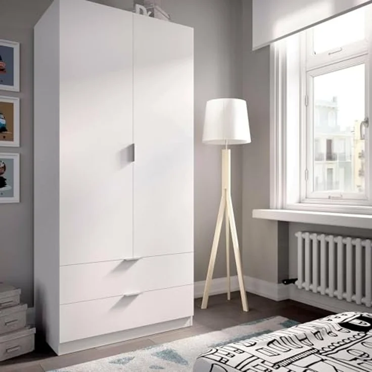 Dmora - Garderobe Burbank, Schlafzimmerschrank mit 2 Türen und 2 Schubladen, Schlafzimmermöbel mit Kleiderstange, cm 81x52h180, Weiß – Bild 4