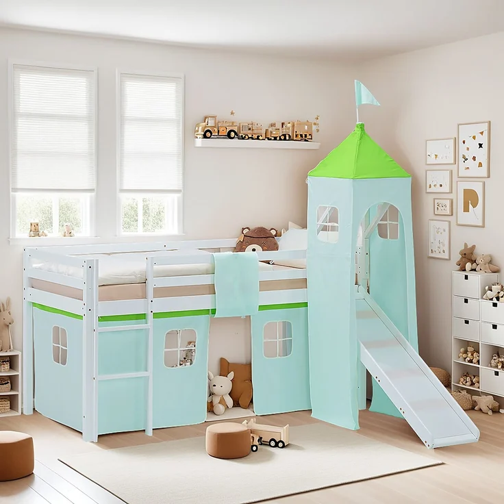 Hochbett Kinder 90x200 cm mit Rutsche Lattenrost Kinderbett Kinderhochbett Stockbett Vorhang Turm Grün – Bild 2