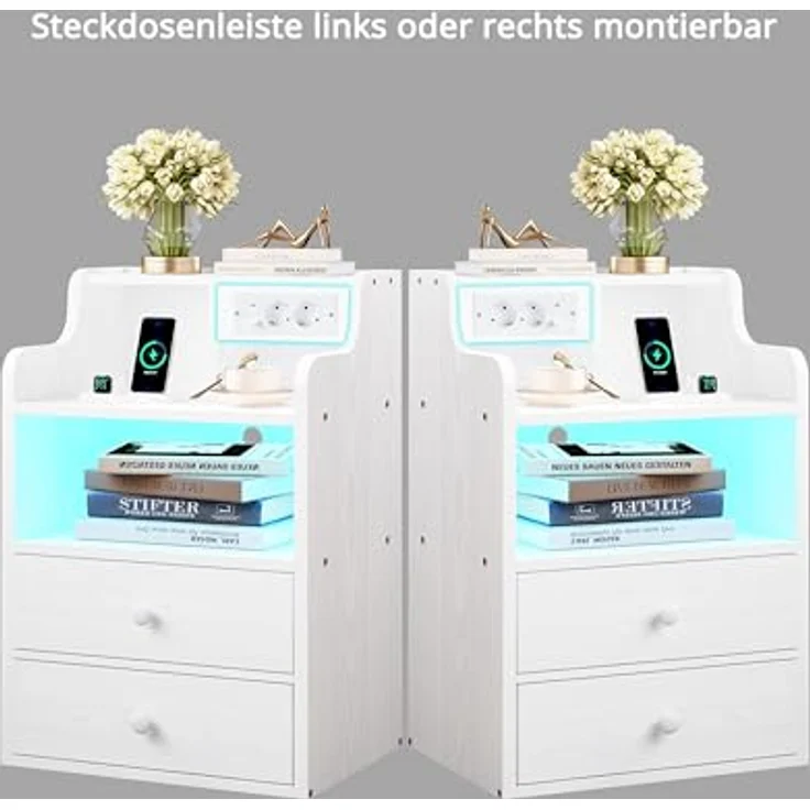IRONCK Nachttisch LED mit Steckdose und Ladefunktion, Beistelltisch Holz, Nachtschrank mit 2 AC, 1 USB& 1 Type-C Anschlüsse, Sofatisch mit 2 Schubladen, Nachtkästchen Wohnzimmer,Schlafzimmer, Weiß – Bild 10