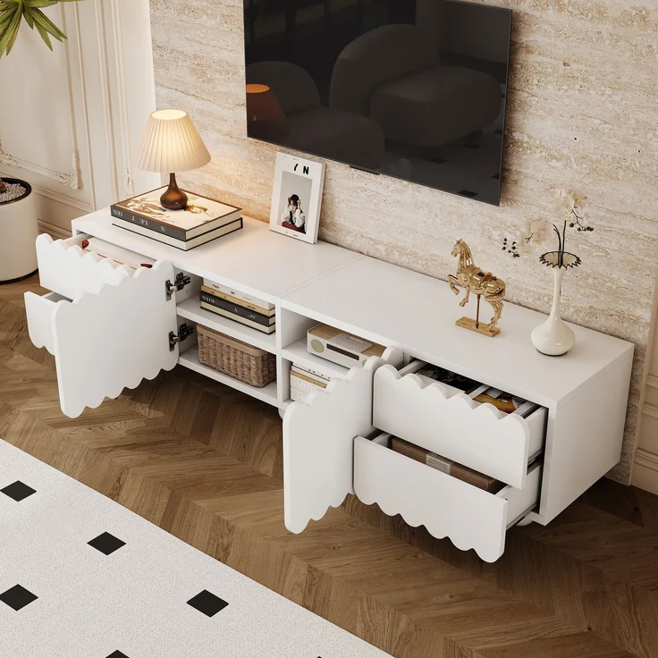 TV-Schrank aus MDF/Spanplatte mit Stauraum, 175x38x37 cm, Weiß – Bild 3