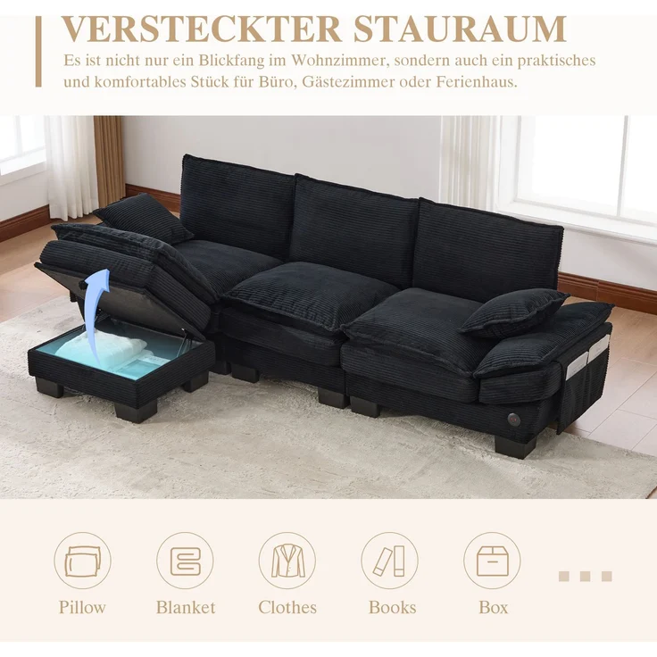 DESVIAE Sofa 3-Sitzer mit Hocker, 260x84x132 cm, Corduroy, Schwarz, mit USB-C-Anschluss und Stauraum – Bild 4