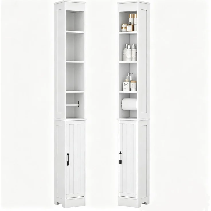 VECELO Badezimmerschrank, hoch, mit verstellbaren Regalen und offenen Fächern, mit integriertem Toilettenpapierhalter, 20 x 20 x 180 cm, Weiß – Bild 1