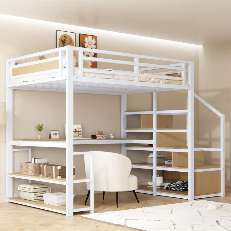 EINHOM 140 x 200 cm Metall-Hochbett mit Aufbewahrungsleiter mit Regalen und Tisch, Sicherheitszaun-Design mit Gespleißten Metallplanken, Hohes Eisenrahmenbett mit Metallrahmen für Stabile Unterstützung, Weiß (Ohne Matratze) – Bild 4