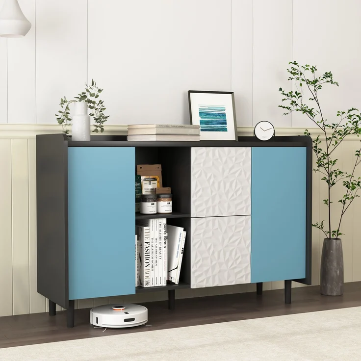 Schwarzes Sideboard-Buffetschrank mit blauen Türen – 2 Schubladen und offener Stauraum für Küche und Wohnzimmer – Bild 4