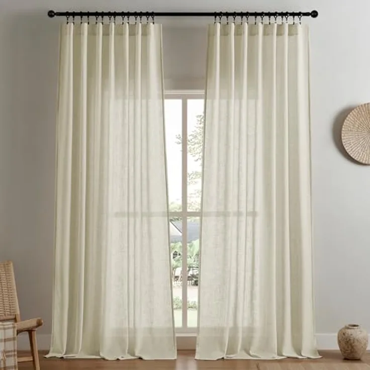 Joydeco Leinen-Vorhänge für Wohnzimmer, halbtransparente Vorhänge, 213 cm lang, Wohnzimmervorhänge, 2 Paneel-Sets, cremefarbene Vorhänge und Vorhänge (B 132 x L 213 cm, Leinen)