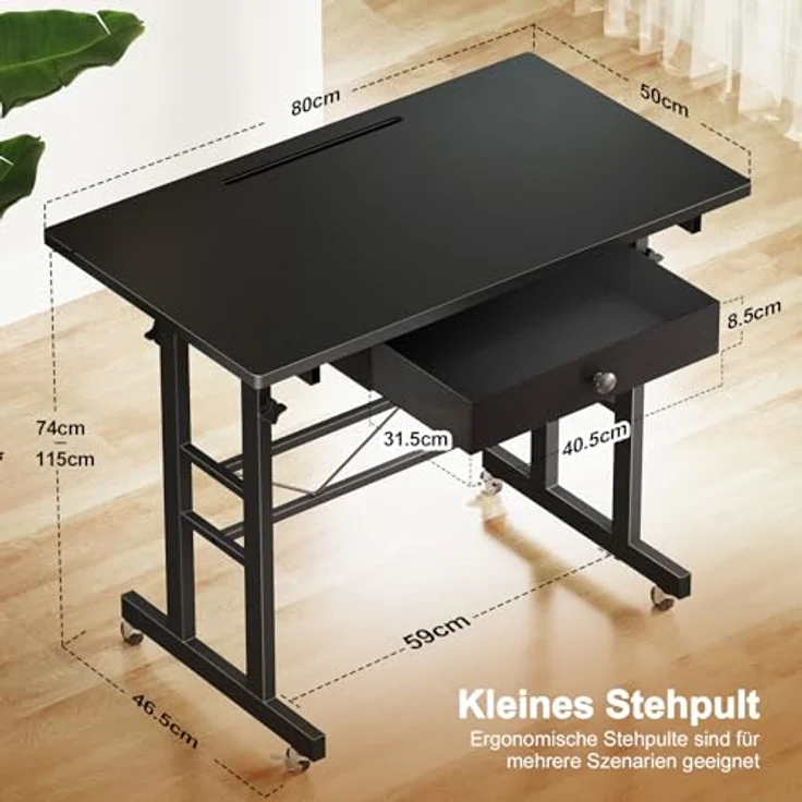 GTPLAYER Höhenverstellbarer Schreibtisch, Computertisch Laptoptisch mit Schubladen,Tisch höhenverstellbar 80 * 50*(73-115) cm, Standing Desk mit Rollen – Bild 2