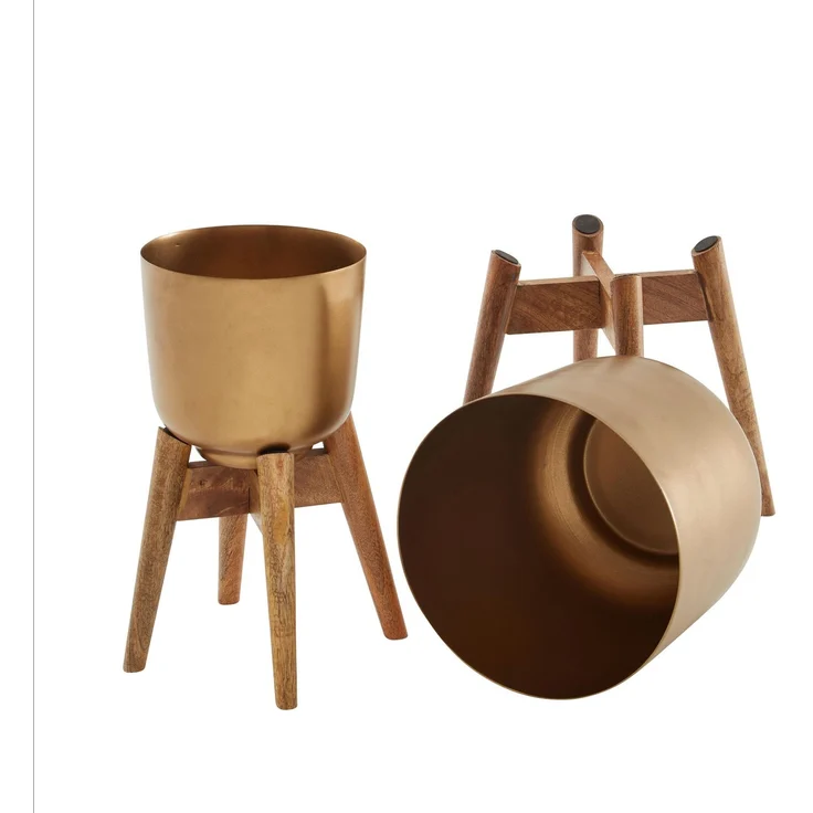 Blumentopf 2er Set Metall Massivholz Gold Rund mit Füßen – Bild 14