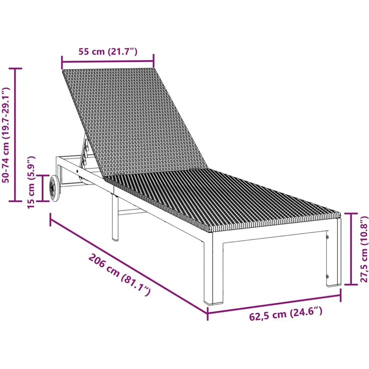 vidaXL Sonnenliege Schwarz 206 x 62,5 x 74 cm Poly-Rattan 42004129 – Bild 9