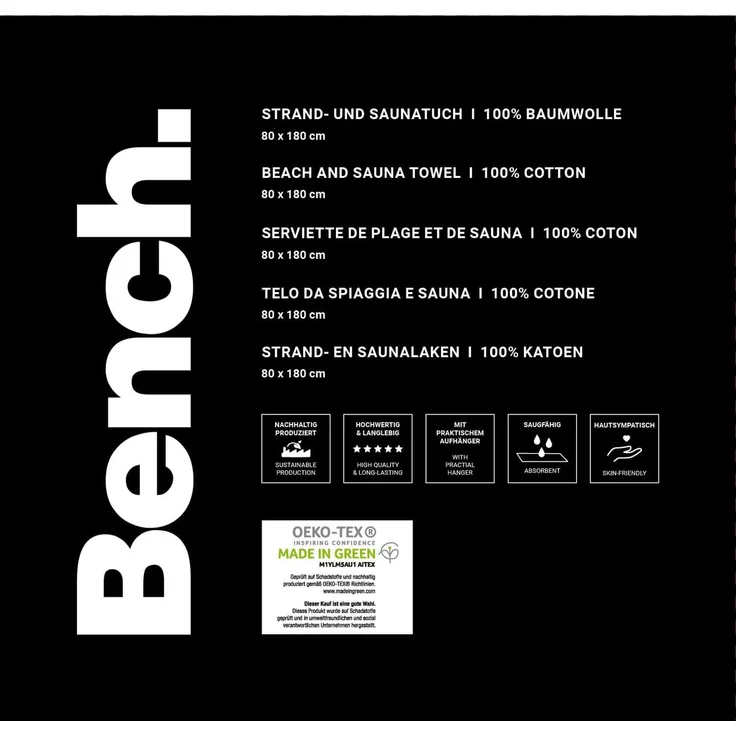 Bench Strand- und Saunatuch, Modern Opposite, 80x180 cm, 100 % Baumwolle, Velours, Mit Aufhänger, Farbe: Schwarz, Art. Nr. : 6112605537 – Bild 7