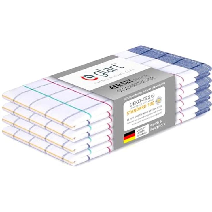 Glart 48NAV Geschirrtücher Set – 4 Stück à 70x50 cm – 100 % Baumwolle – 300 GSM – Oeko-TEX zertifiziert – Kariert in Blau, Rot, Grün, Gelb – Waschbar & saugstark – Bild 1