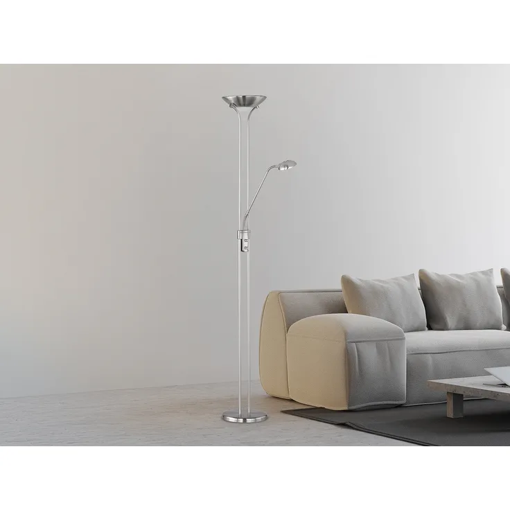 Dimmbarer LED Deckenfluter SPOCK mit Leselampe, Silber Höhe 180cm