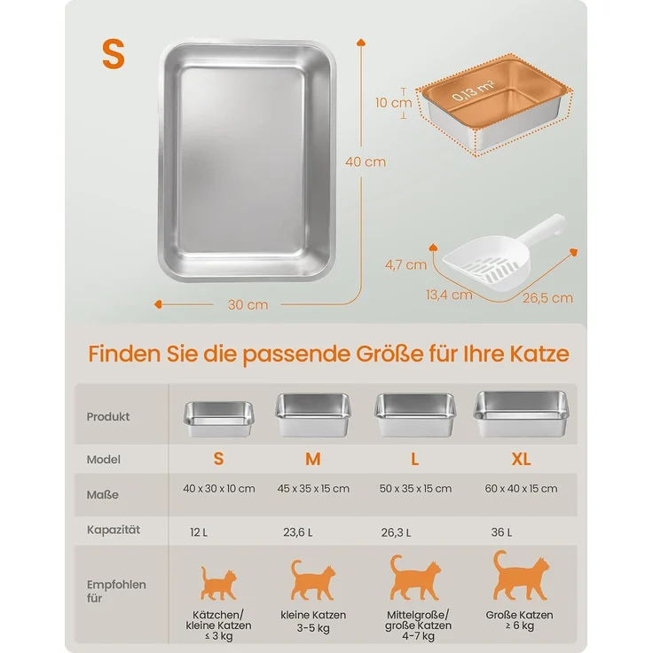 FEANDREA Katzenklo Edelstahl, Katzentoilette mit Schaufel, offen, für kleine Katzen und Kätzchen, 40 x 30 x 10 cm, silbern – Bild 5