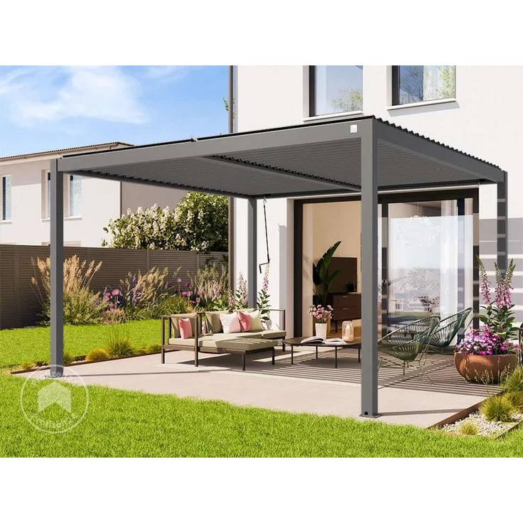 PRIMEYARD Pergola 4x4 m Aluminium-Pfosten mit Lamellendach aus Stahl graue Terrassenüberdachung – Bild 2