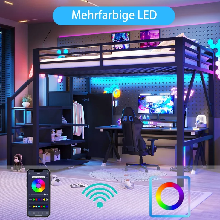 U-life Metall-Hochbett 140x200 cm mit Staufächern, Kleiderschrank, Treppe und LED-Beleuchtung, Schwarz – Bild 5