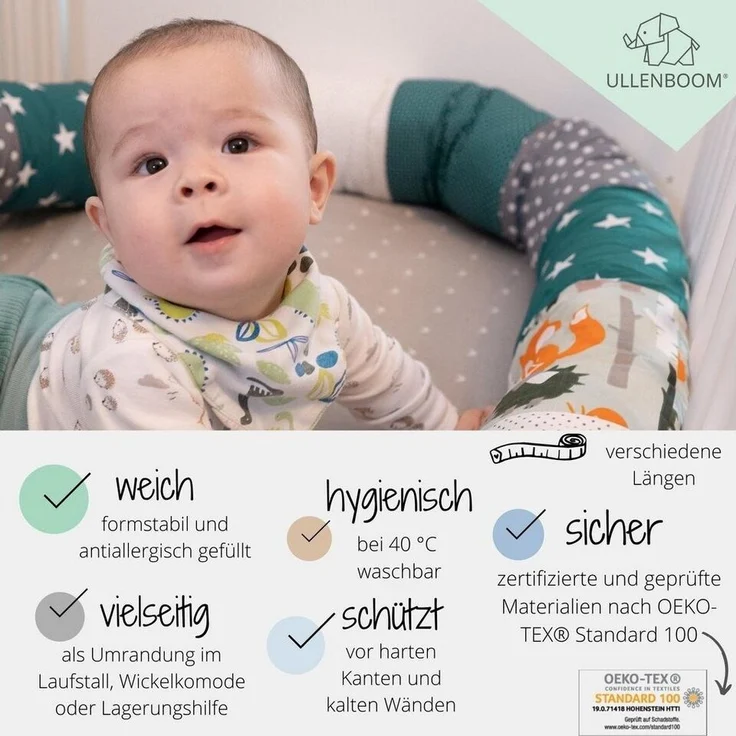 ULLENBOOM ® Nestchenschlange Bettschlange Baby 300cm, Ideal als Bettumrandung, Wale, Bezug aus 100% Baumwolle (Made in EU), weiche Polsterung – Bild 2