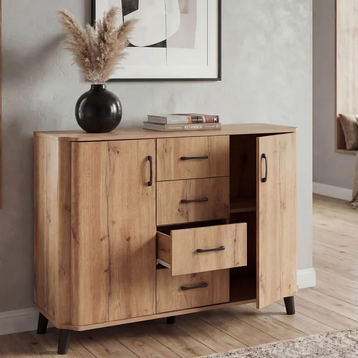 Kommode HWC-P42, Sideboard Schrank Anrichte, 4 Schubladen Staufächer 2 Türen, MDF 92 x 120 x 40 cm ~ Wotan-Eiche-Optik – Bild 1