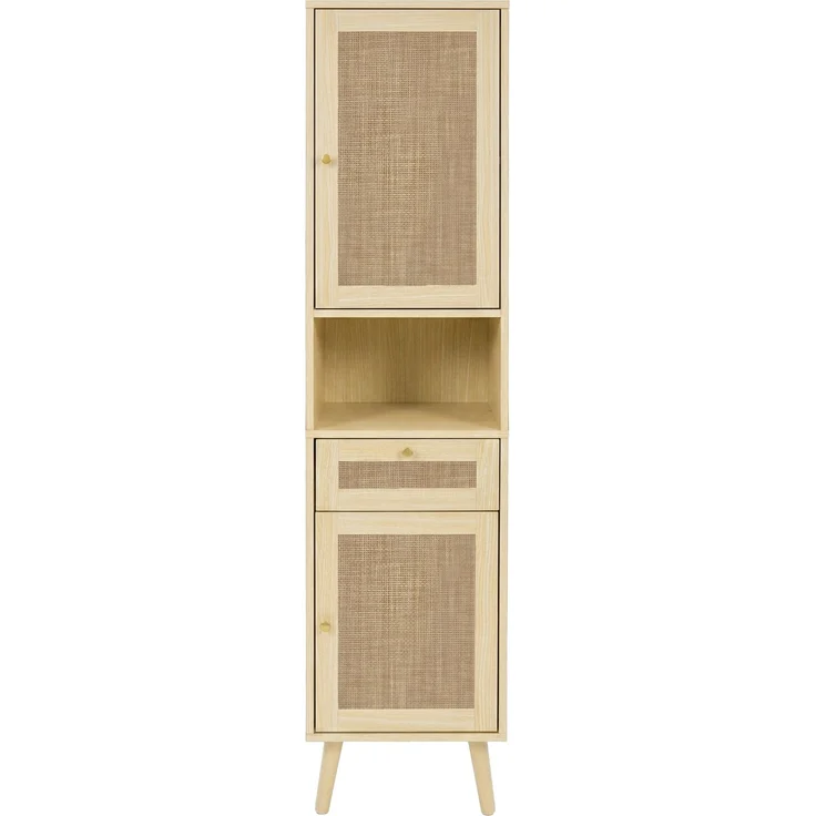 Flieks Badezimmer-Hochschrank 40x30x166 cm, Badschrank aus MDF in Naturholzfarbe mit Rattan-Türen, Schublade, Soft-Close & wendbarer Montage – Bild 9