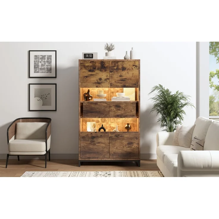 ZUBALIYA Vitrine (80 x 40 x 138 cm), 2 Türen und 2 Schubladen, LED - Beleuchtung, Transparente Elemente, Beige / Naturfarben / Schwarz – Bild 24