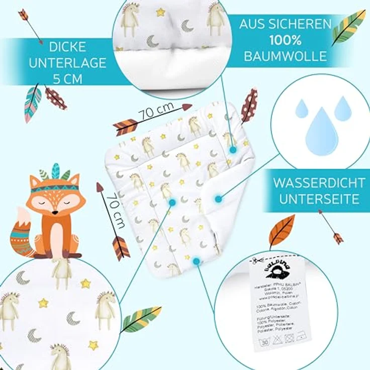 Balbina® Wickelunterlage aus Baumwolle weiche Wickeltischauflage für Wickelkommoden waschbar 70x70 I Beiges Pferd – Bild 4