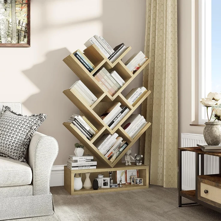 YITAHOME Baum Bücherregal, Boden stehendes Bücherregal mit hölzernen Schublade industrielle Regaleinheiten Anzeige Lagerregal für Wohnzimmer, Haus, Büro, Eichenfarbe Bücherregale