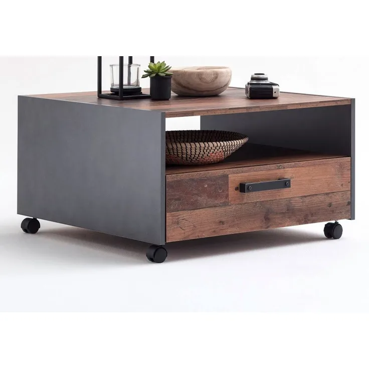 trendteam smart living 'Indy' Couchtisch mit Schubkasten auf Rollen, Old Used Wood Shabby / Grau, 70x70 cm