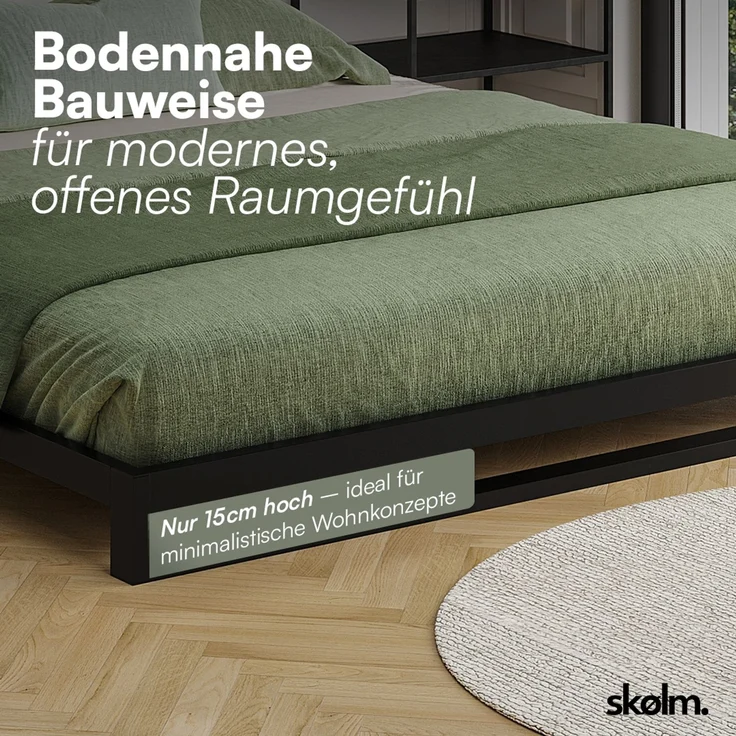 skølm 'Vidar' Bett 180x200 cm, Metall, schwarz, Höhe 15 cm hoch, Doppelbett mit Lattenrost – Bild 5