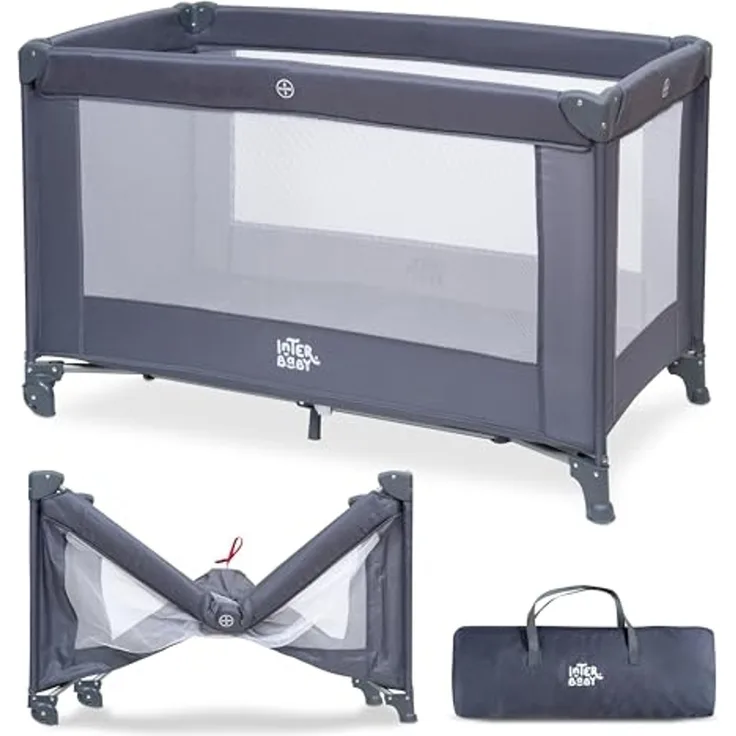 Interbaby Reisebett Baby klappbar mit Rollen 120x60 cm – Baby Reisebett mit Transporttasche, leicht faltbar, Kinderreisebett & Laufstall, Reisegitterbett bis 15 kg (Grau)