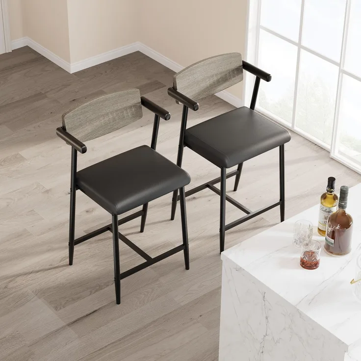 GarveeHome 2er Set Barhocker Mit Sitzkissen Aus PU-Leder Und Metallgestell, Esszimmerstühle Mit Rucklehne, Hohe Hocker Mit Fußlehnen Und Armlehnen, Für Esszimmer Und Wohnzimmer, 49 x 48 x 94 cm