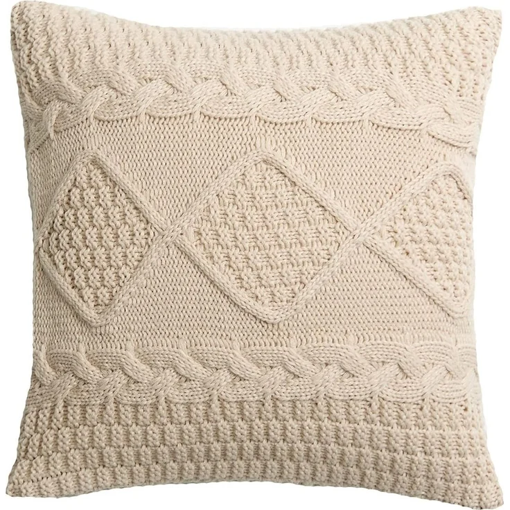 ABC Gestrickter Kissenbezug im Retro-Stil mit Rautenmuster, einfarbig, weich und warm (hellrosa-grau) – Bild 1