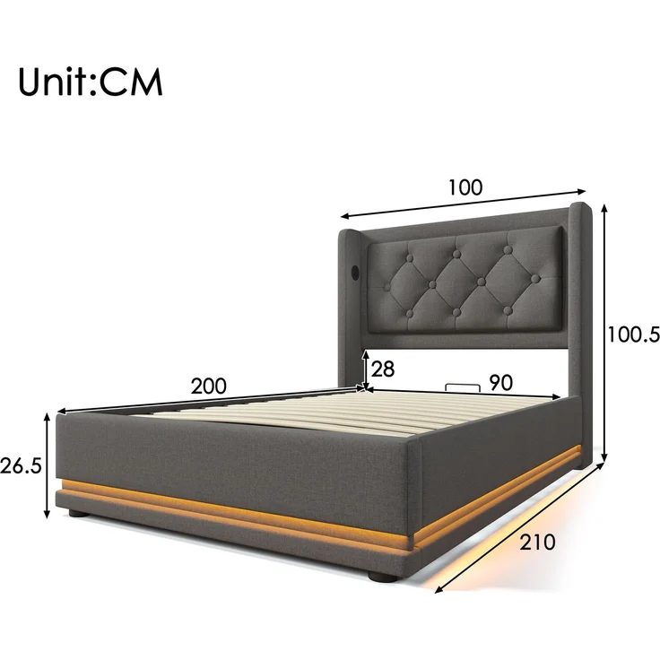 Polsterbett 90x200 cm Grau mit 3-seitiger LED-Beleuchtung, Wingback Kopfteil & USB Typ-C Ladefunktion,hydraulischer Stauraum,inklusive Matratze – Bild 9