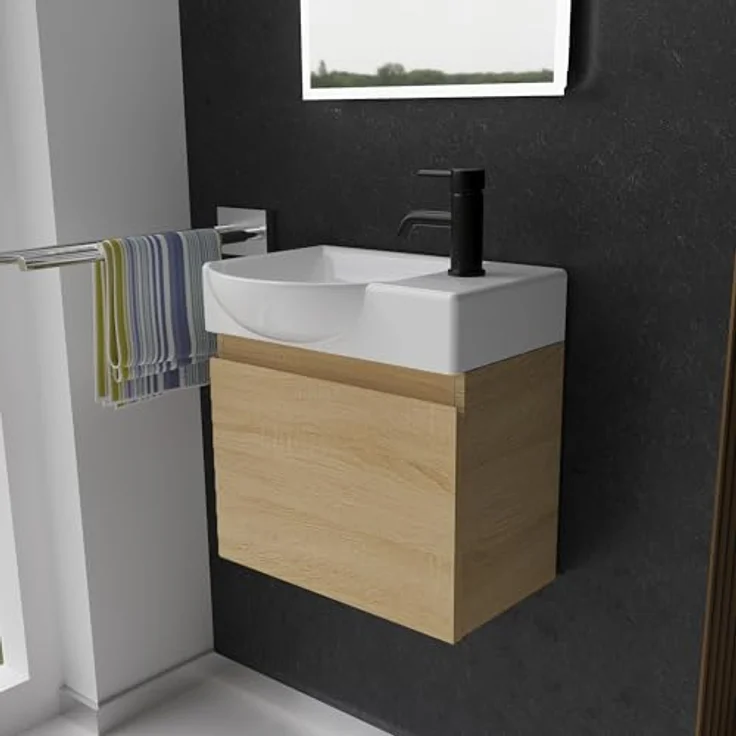 Alpenberger Badmöbel-Set - Gäste WC Waschbecken mit Unterschrank 45 cm Breit, (Badschrank 2-tlg, Waschtisch hängend), Waschbeckenunterschrank mit Softclose - Eiche Hell - Links Becken – Bild 2